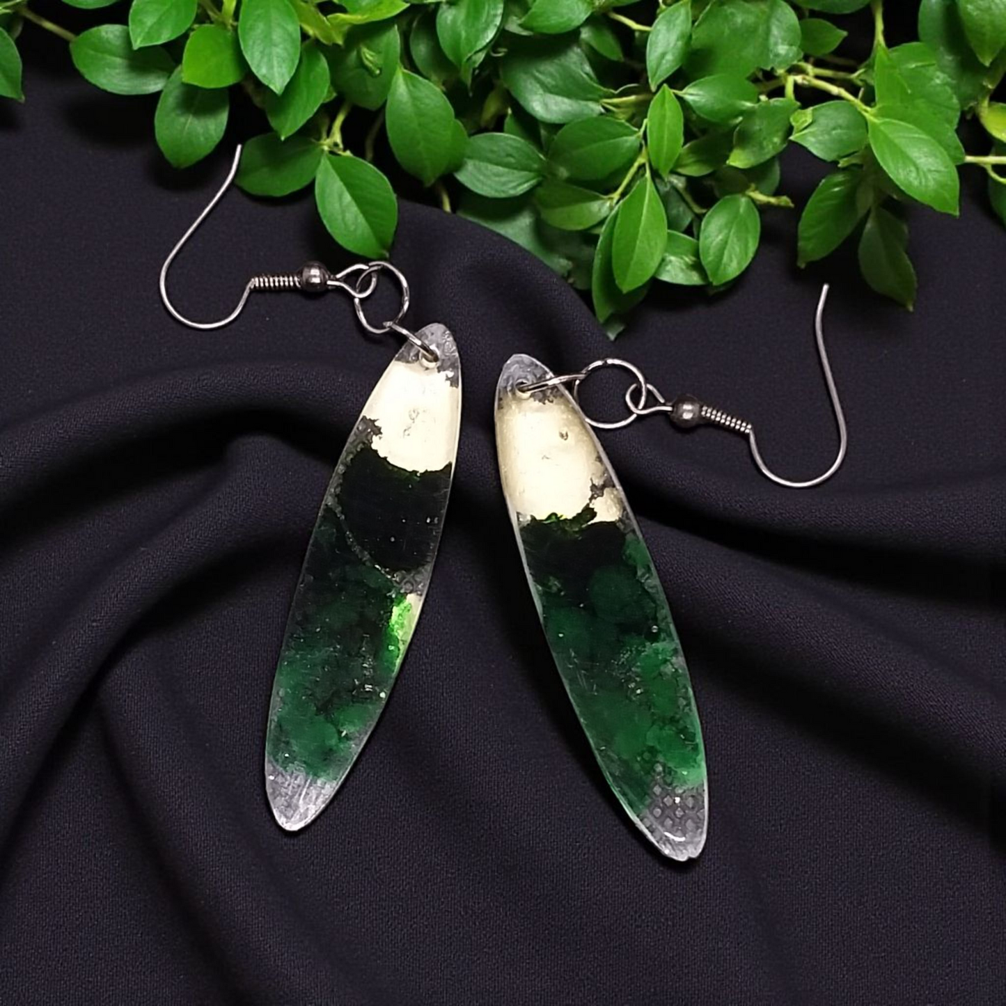 Gold and green drop earrings