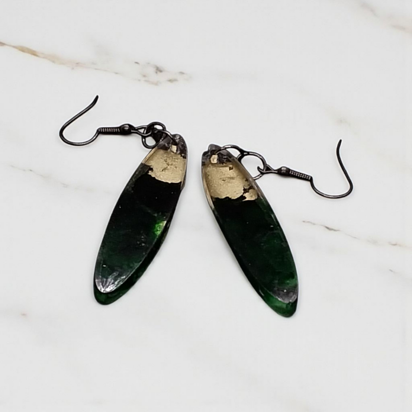 Gold and green drop earrings